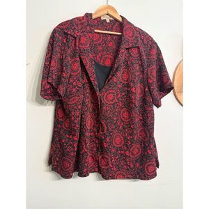 Notations red black paisley print button up blouse size 3X